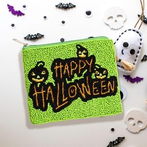 Green Orange HAPPY HALLOWEEN Seed Beaded Mini Pouch Statement Bag Zip
